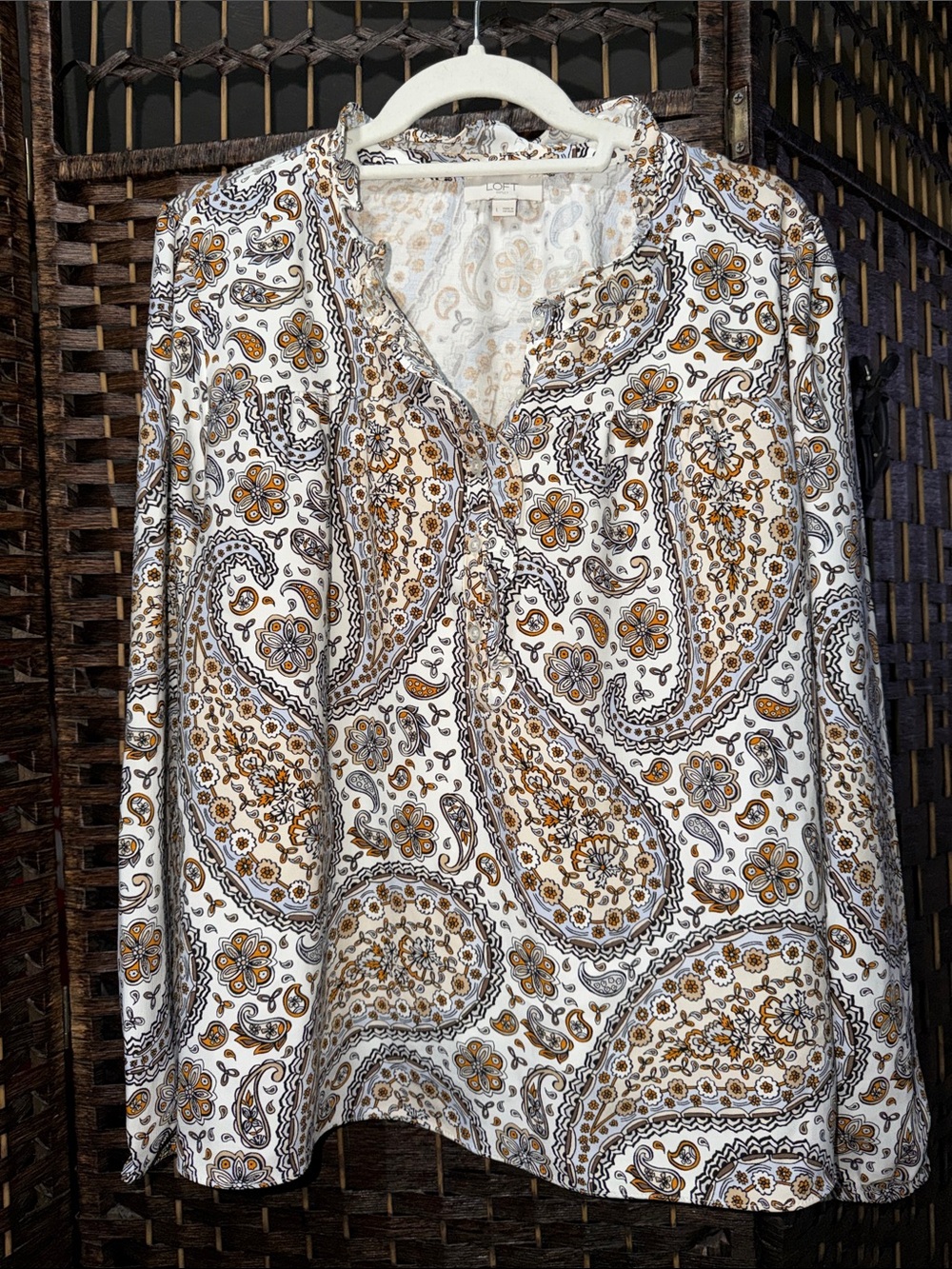 LOFT White Paisley-Print Long Sleeve V-Neck Top with Mustard Accents